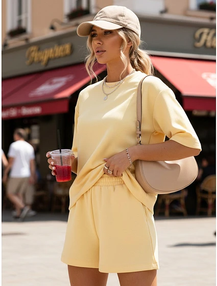 Dámsky letný pruhovaný komplet Poľský výrobok žltá FashionStreet AY1163 Dámsky letný pruhovaný komplet Poľský výrobok žltá FashionStreet AY1163