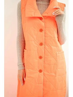 Dámska prešívaná dlhá vesta s vreckami a stojacím golierom neónovo oranžová
