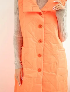 Dámska prešívaná dlhá vesta s vreckami a stojacím golierom neónovo oranžová