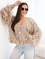 Dámský svetr s třásněmi a ozdobnými knoflíky barvy camel Dámský svetr s třásněmi a ozdobnými knoflíky barvy camel