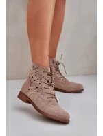 Sznurowane Botki Z Ażurowym Wzorem S.Barski HY51-136 Beżowe