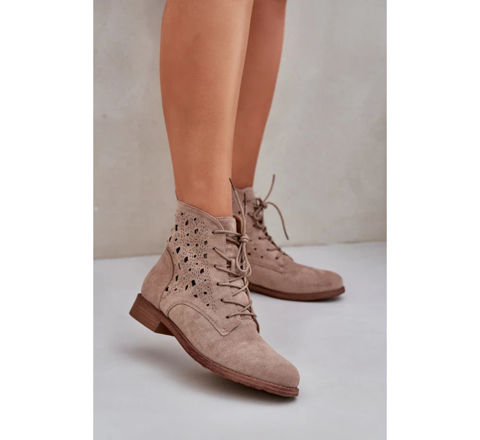 Sznurowane Botki Z Ażurowym Wzorem S.Barski HY51-136 Beżowe