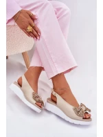 Skórzane Sandały Damskie Na Koturnie Z Kokardą Zazoo 1882 Beżowe