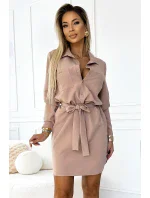 284-2 CAMILLE Košeľové šaty s vreckami a kravatou - BEACH