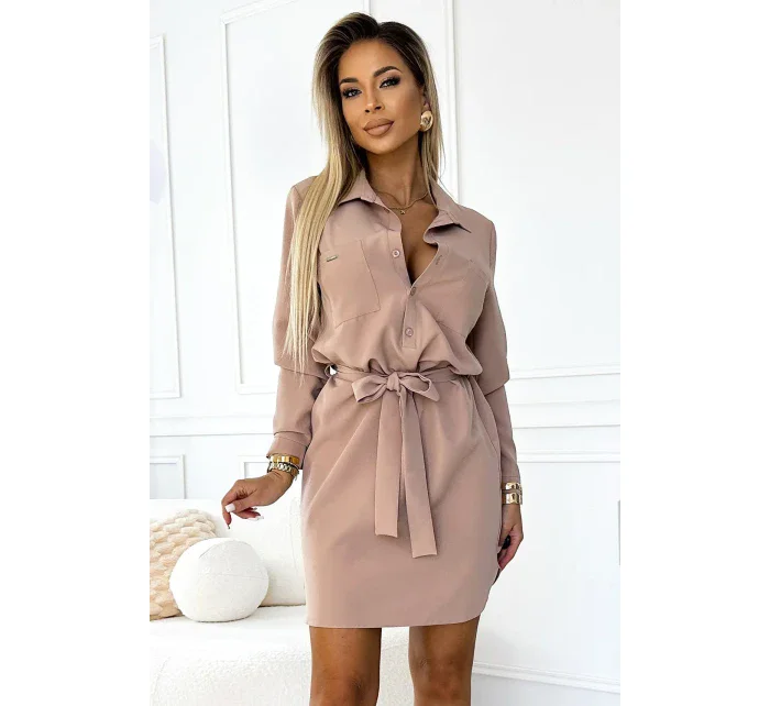 284-2 CAMILLE Košeľové šaty s vreckami a kravatou - BEACH