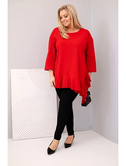 Dámská blůza Plus Size s bavlnou, volánem a ohrnovacími rukávy červená