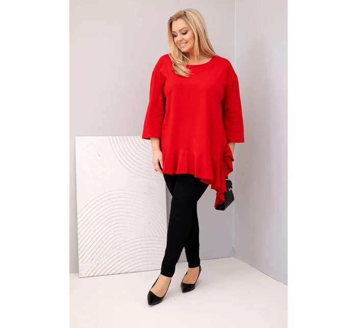 Dámská blůza Plus Size s bavlnou, volánem a ohrnovacími rukávy červená