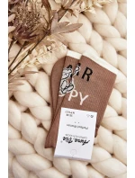 Skarpety Damskie Bawełniane Z Napisem I Misiem Jasnobrązowe