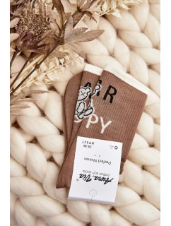 Skarpety Damskie Bawełniane Z Napisem I Misiem Jasnobrązowe