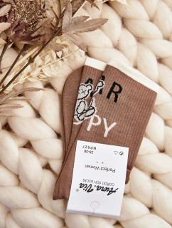 Dámské bavlněné ponožky s nápisem a medvídkem světle hnědé