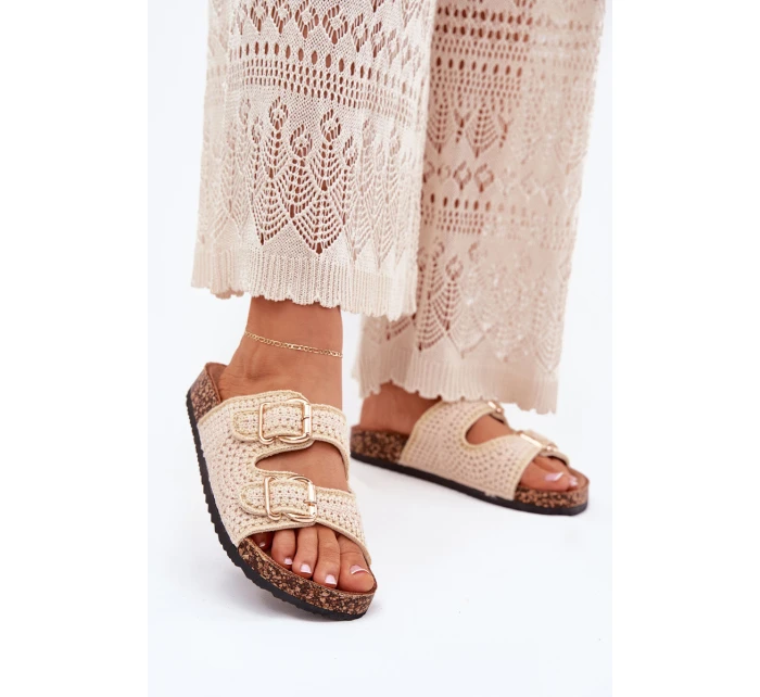 Szydełkowe Klapki Damskie Ze Złotymi Klamrami Beżowe Fenira Szydełkowe Klapki Damskie Ze Złotymi Klamrami Beżowe Fenira