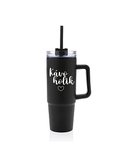 KÁVOHOLIK - čierny cestovný termohrnček s priehľadným viečkom 900 ml