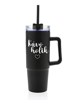 KÁVOHOLIK - čierny cestovný termohrnček s priehľadným viečkom 900 ml
