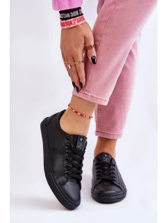 Damskie Skórzane Wiązane Klasyczne Trampki Czarne Misima
