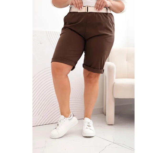 Dámske Plus veľkosť bavlnené šortky s opaskom Brown