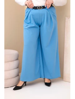 Plus veľkosť dámske široké nohavice z viskózy s opaskom modrá