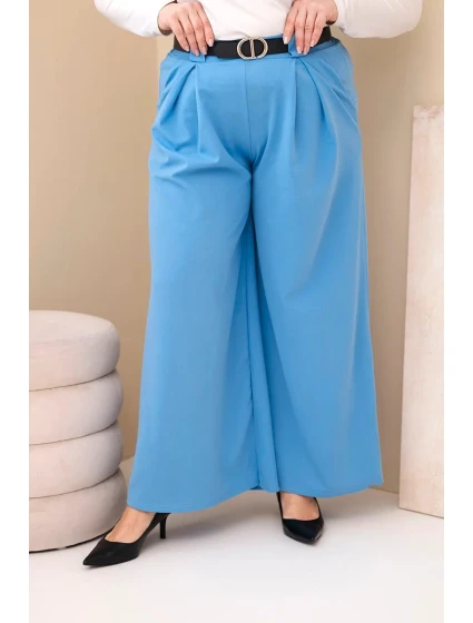 Plus veľkosť dámske široké nohavice z viskózy s opaskom modrá