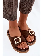 Dámské pantofle s zlatým sponou tmavě béžové model 22125593 - Boto