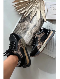 Dámske kožené tenisky na platforme s leopardím vzorom Artiker - čierne