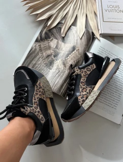 Dámske kožené tenisky na platforme s leopardím vzorom Artiker - čierne