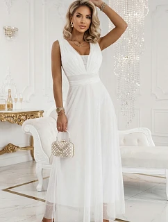 637-8 Dlhé maxi šaty s brokátovým akcentom a hlbokým výstrihom - ecru