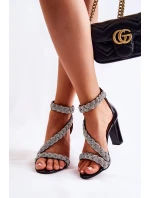 Kožené sandály na vysokém podpatku s kubickými zirkony Lewski Shoes model 21591874 černe - Boto