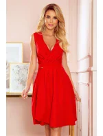 338-1 ELLENA elegantné šaty s výstrihom a záhybmi - ČERVENÉ 338-1 ELLENA elegantné šaty s výstrihom a záhybmi - ČERVENÉ