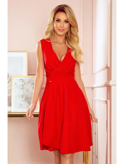 338-1 ELLENA elegantné šaty s výstrihom a záhybmi - ČERVENÉ 338-1 ELLENA elegantné šaty s výstrihom a záhybmi - ČERVENÉ