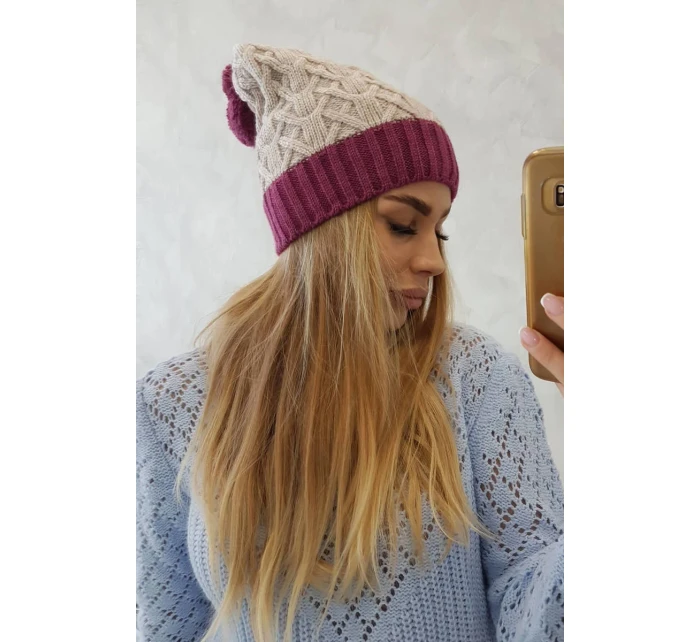 Bibiana fleecová čiapka K264 tmavo fialová + svetlo béžová