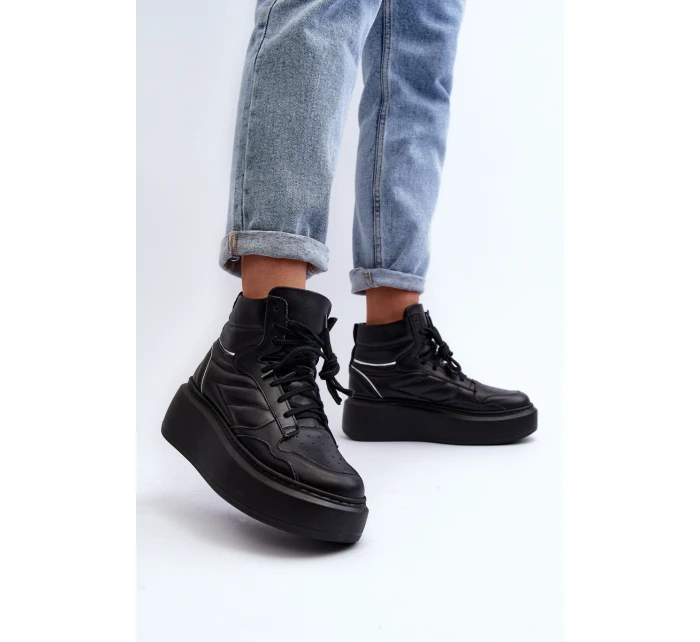 Zazoo 3392/X Damskie Skórzane Buty Sportowe Na Platformie Czarne