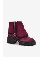Skórzane Botki Damskie Z Wywiniętą Cholewką Maciejka 07145-23 Bordowe