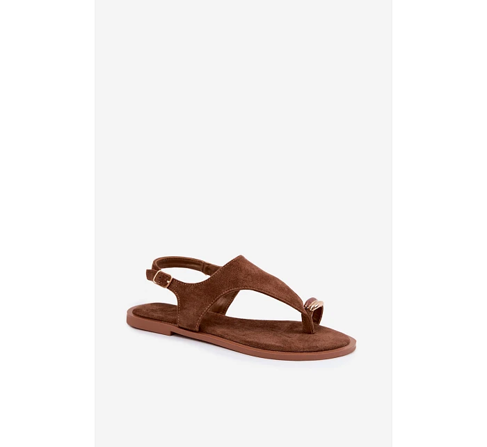 Dámské sandály Ploché S Zlatým Detalem Eko Semiš Hnědé Jelviane