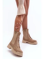 Zamszowe Damskie Botki Workery Sznurowane Beżowe Nicole 2836