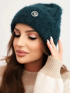 Dámská pletená čepice z viskózy model 21441568 s ozdobným kovovým knoflíkem mořská - K-Fashion