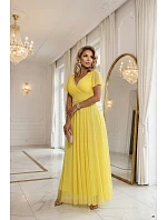 562-8 NASTIA Dlhé šaty so srdiečkovým výstrihom, podšívkou a krátkymi rukávmi - citrónové limoncello 562-8 NASTIA Dlhé šaty so srdiečkovým výstrihom, podšívkou a krátkymi rukávmi - citrónové limoncello