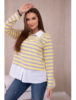 Pruhovaná bavlnená blúzka s golierom žltá+sivá