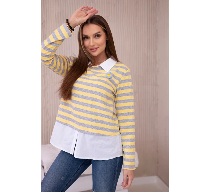 Pruhovaná bavlnená blúzka s golierom žltá+sivá