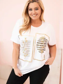 Dámske bavlnené Plus veľkosť blúzka s kamienkami biela + Khaki