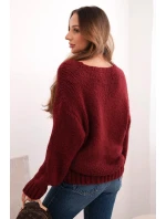 Dámsky vlnený sveter s výstrihom do V, bordová farba