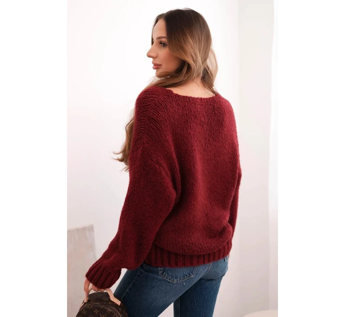 Dámsky vlnený sveter s výstrihom do V, bordová farba