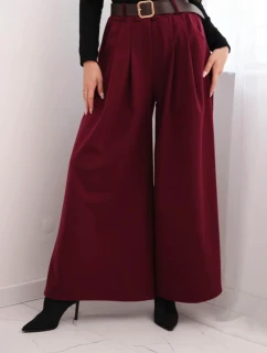 Dámské kalhoty s širokou nohavicí a páskem bordové