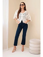 Dámsky bavlnený ažurový sveter s krátkymi rukávmi v béžovej farbe