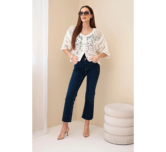 Dámsky bavlnený ažurový sveter s krátkymi rukávmi v béžovej farbe