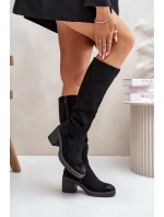 Zateplené kozačky na podpatku eko semišové nad koleno černé model 21675737 - Boto