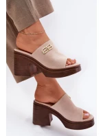 Klapki Damskie Na Masywnym Obcasie Ze Złotym Detalem Vinceza 17400 Beżowe