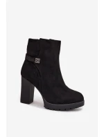 Ocieplane Botki Damskie Na Słupku Z Ozdobnym Paskiem Czarne Zayna Ocieplane Botki Damskie Na Słupku Z Ozdobnym Paskiem Czarne Zayna