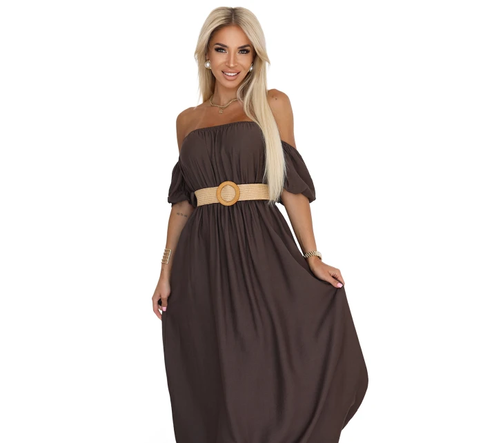 model 21229982 Maxi šaty v boho stylu s odhalenými rameny a páskem CHOCOLATE - numoco basic