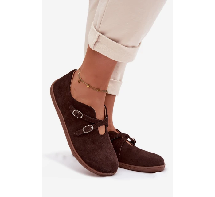 Kožené semišové dámské polobotky s pásky model 21937586 čokoládové - Zazoo