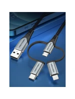 Vention USB-A 3v1 Micro-B USB-C Lightning kábel 1 m sivý