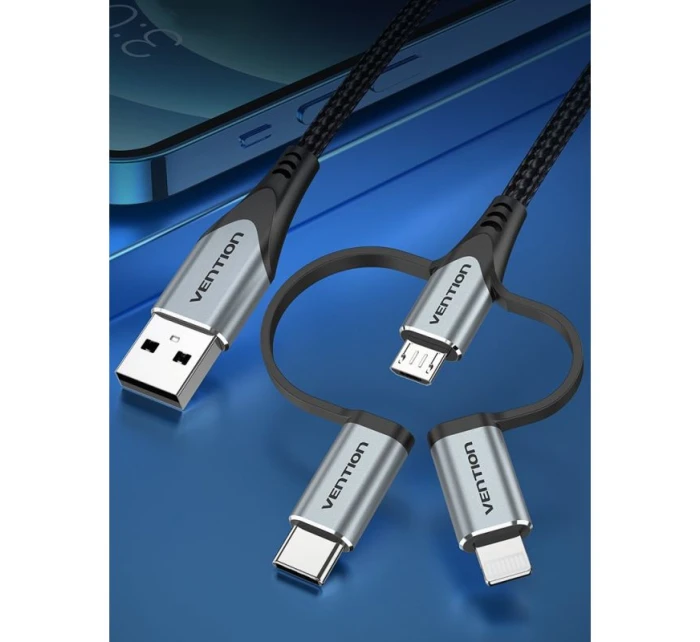 Vention USB-A 3v1 Micro-B USB-C Lightning kábel 1 m sivý